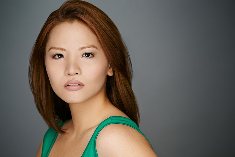 Asian actress in green dress. Photo by Antonio Carrasco in Los Angeles